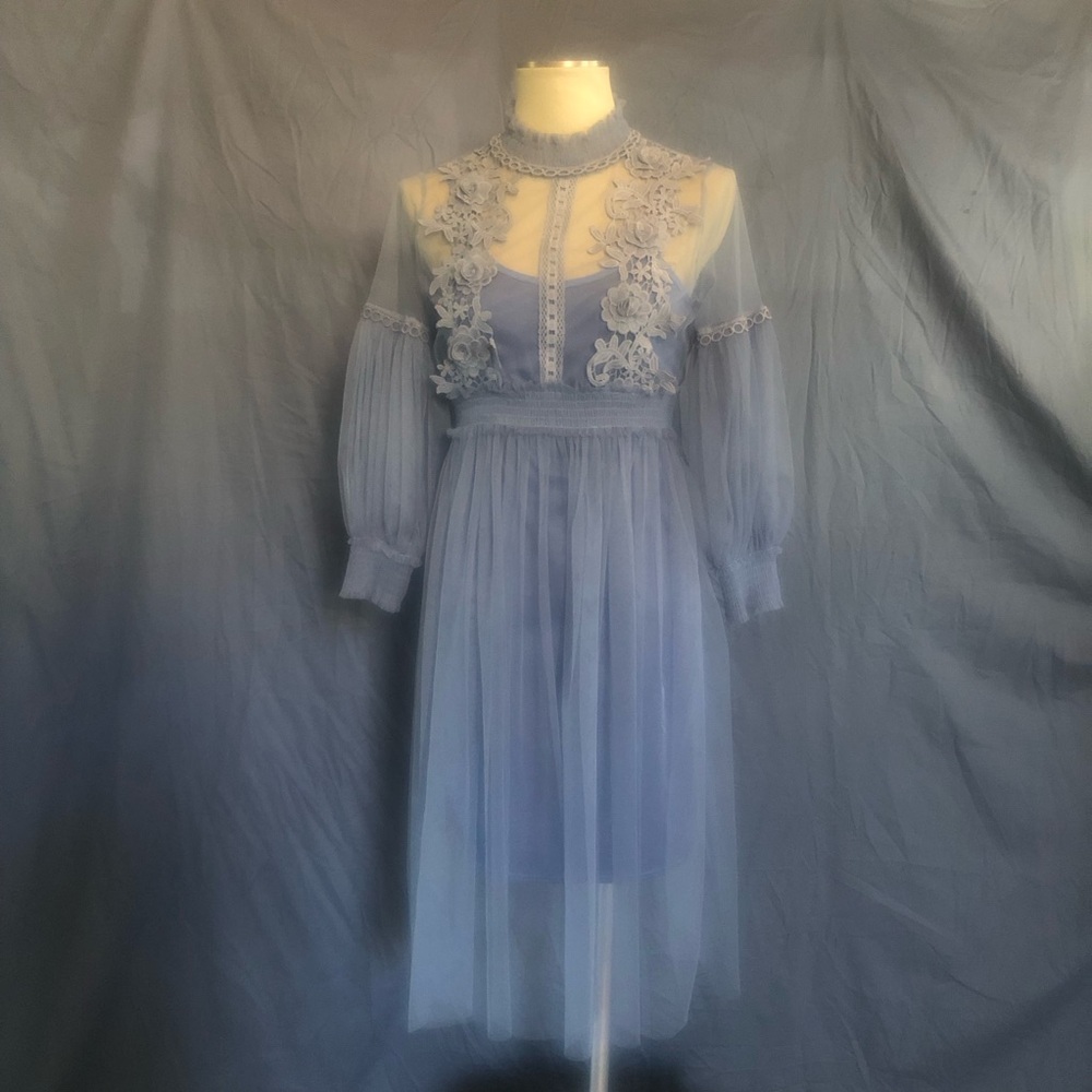 Blue Lacey Bishop Sleeve Midi Gown (NWT)